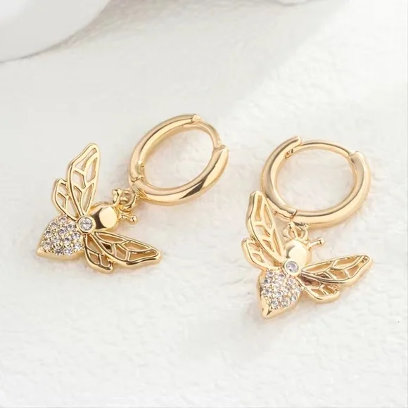 Mini Honey Bee 18K Gold Plated Crystal Hoop Earrings - Picture 8 of 8